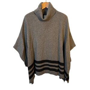 Tahari Gray & Black Wool Poncho Sweater with Stylish Black Stripes - Fashion Mee